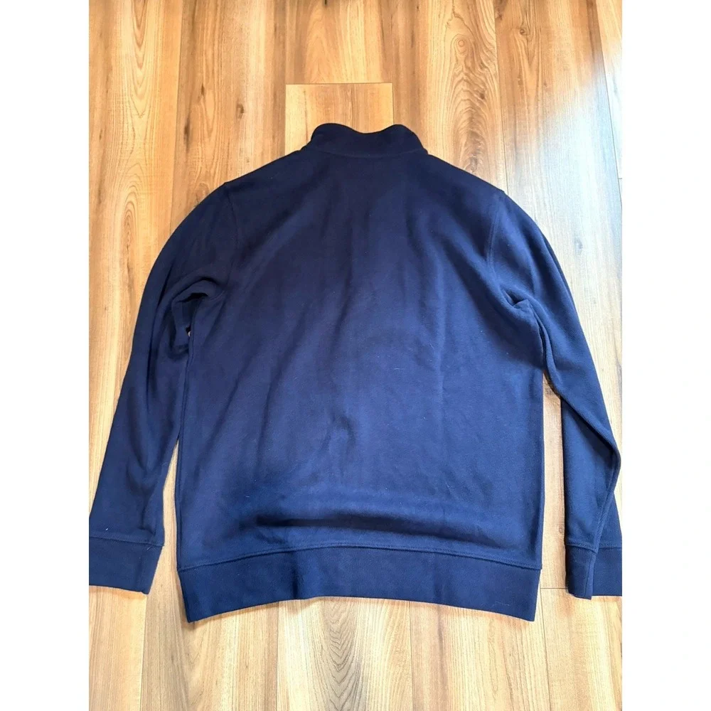 Lands End 1/4 Zip Pullover Sweater Men's Large Blue Leather Zipper Accents
